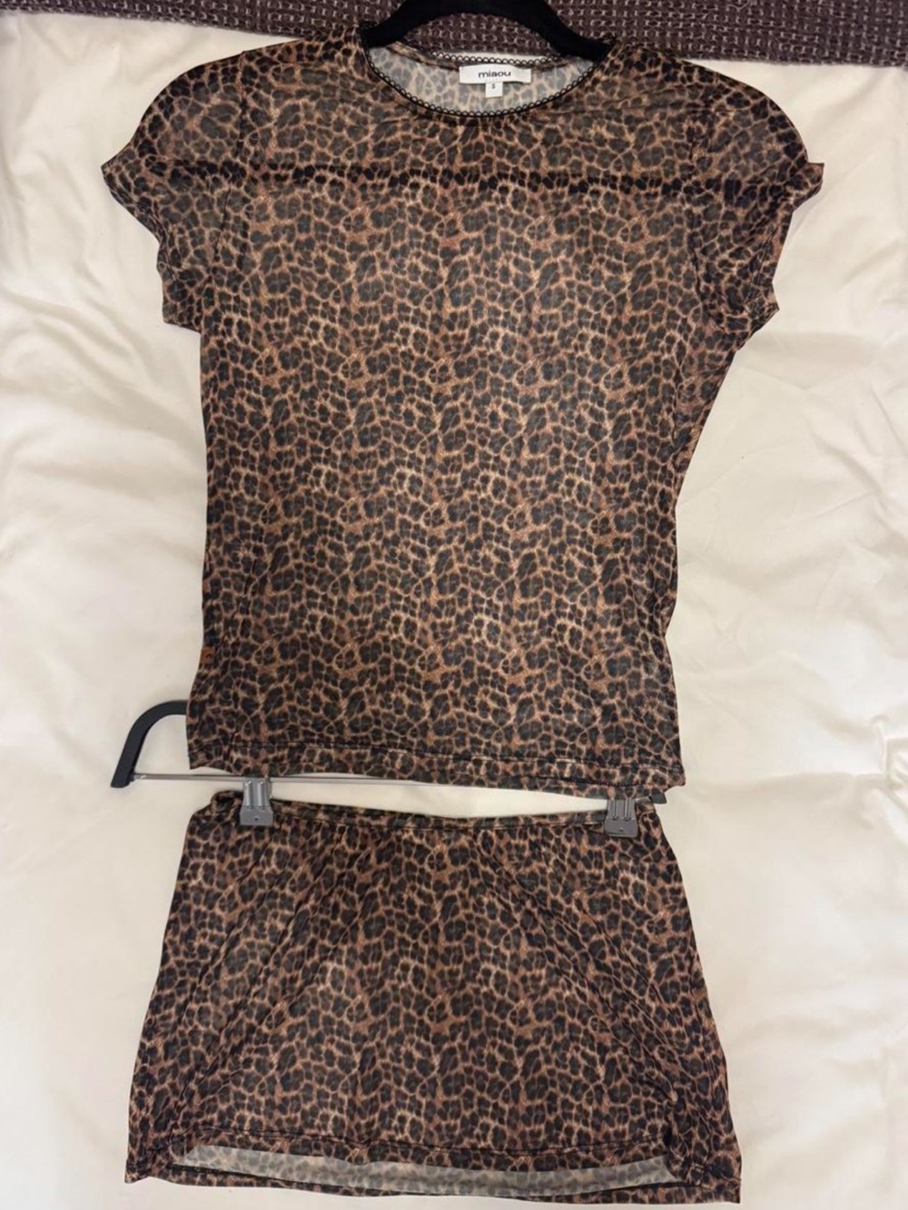 Miaou Leopard Mesh Top and Mini Skirt Set - Brown